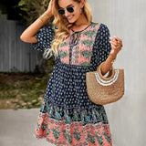 Printed V-Neck Ruffle Mini Dress