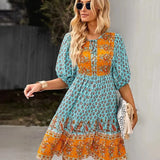 Printed V-Neck Ruffle Mini Dress