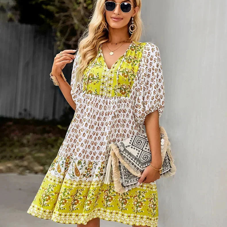Printed V-Neck Ruffle Mini Dress