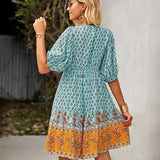 Printed V-Neck Ruffle Mini Dress
