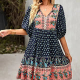 Printed V-Neck Ruffle Mini Dress