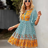 Printed V-Neck Ruffle Mini Dress