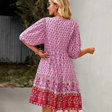 Printed V-Neck Ruffle Mini Dress