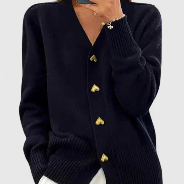 Women's V-Neck Cardigan with Heart Buttons