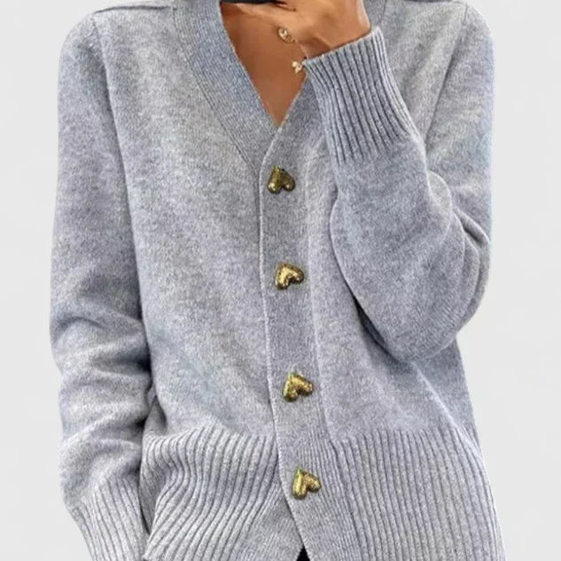 Women's V-Neck Cardigan with Heart Buttons