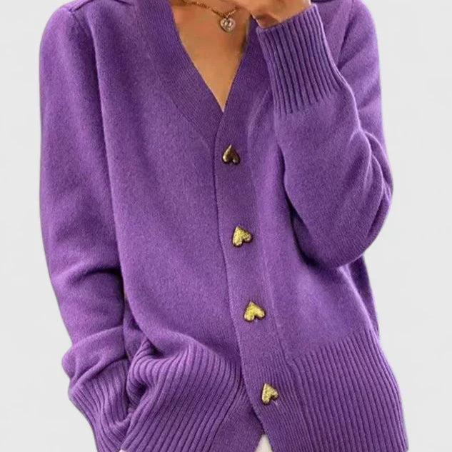 Women's V-Neck Cardigan with Heart Buttons