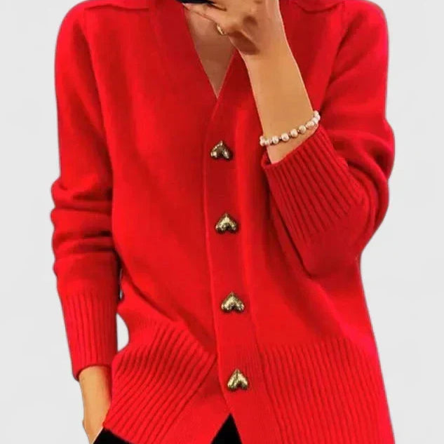 Women's V-Neck Cardigan with Heart Buttons
