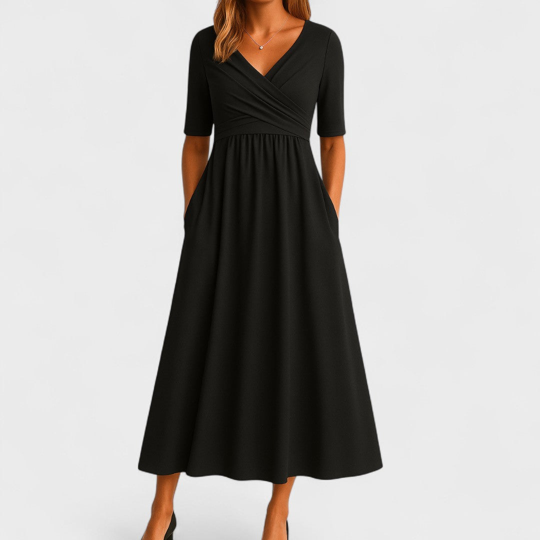 V-Neck Short Sleeve Midi Dress