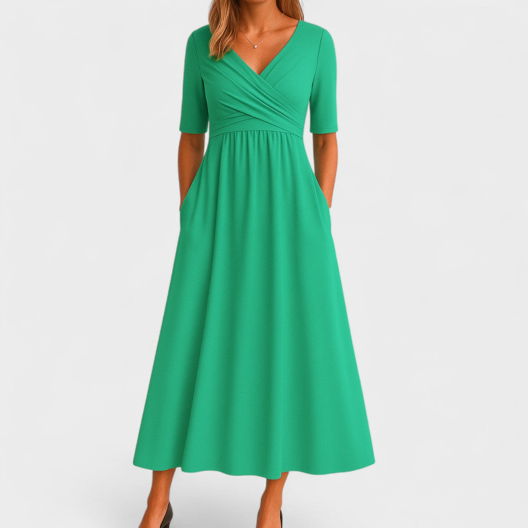V-Neck Short Sleeve Midi Dress