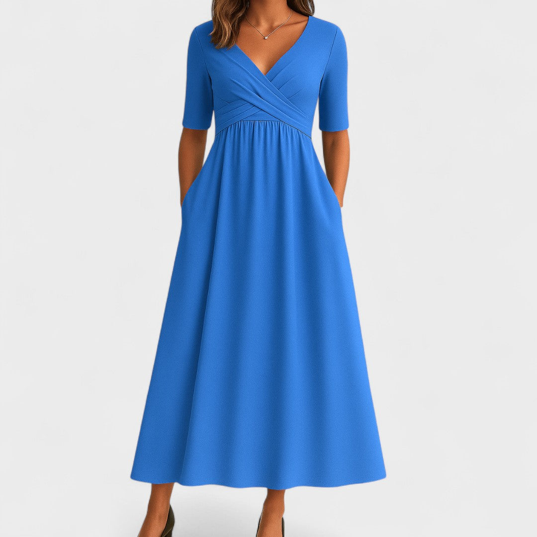 V-Neck Short Sleeve Midi Dress