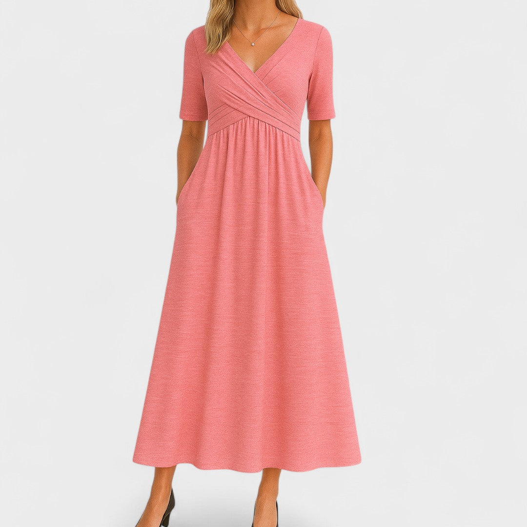 V-Neck Short Sleeve Midi Dress