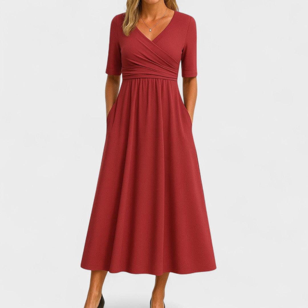 V-Neck Short Sleeve Midi Dress