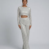 Women's Sequin Crop Top and Wide-Leg Trouser Set